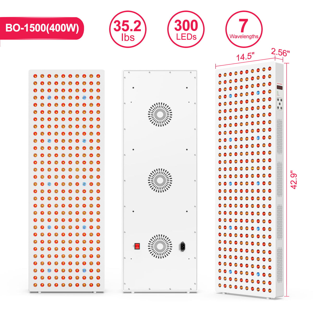 Bontanny Red Light Therapy Full Body Panel, 480/630/660/810/830/850/1060nm 7 Wavelengths Blue Red Near Infrared Light Device with 300 Dual Chip Clinical Grade LEDs, Remote Control, Timer | BO1500 / BO2400