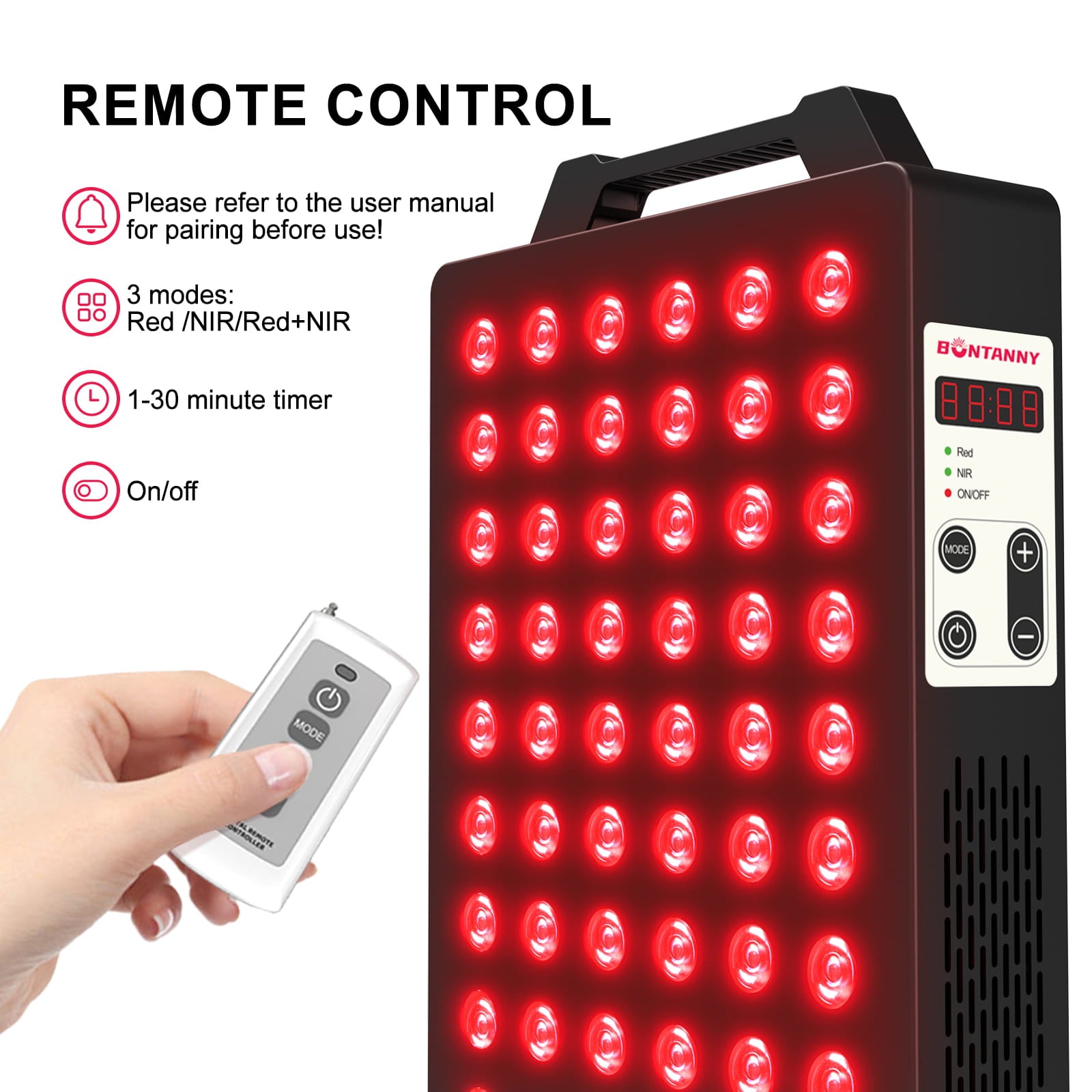 BONTANNY Red Light Therapy, 660nm 850nm 2-Wavelength Red Near Infrared Light Device with 60 Dual Chip Clinical Grade LEDs, Remote Control, Timer for Face, Body, Skin, Pain Relief, BO-300 (Black)