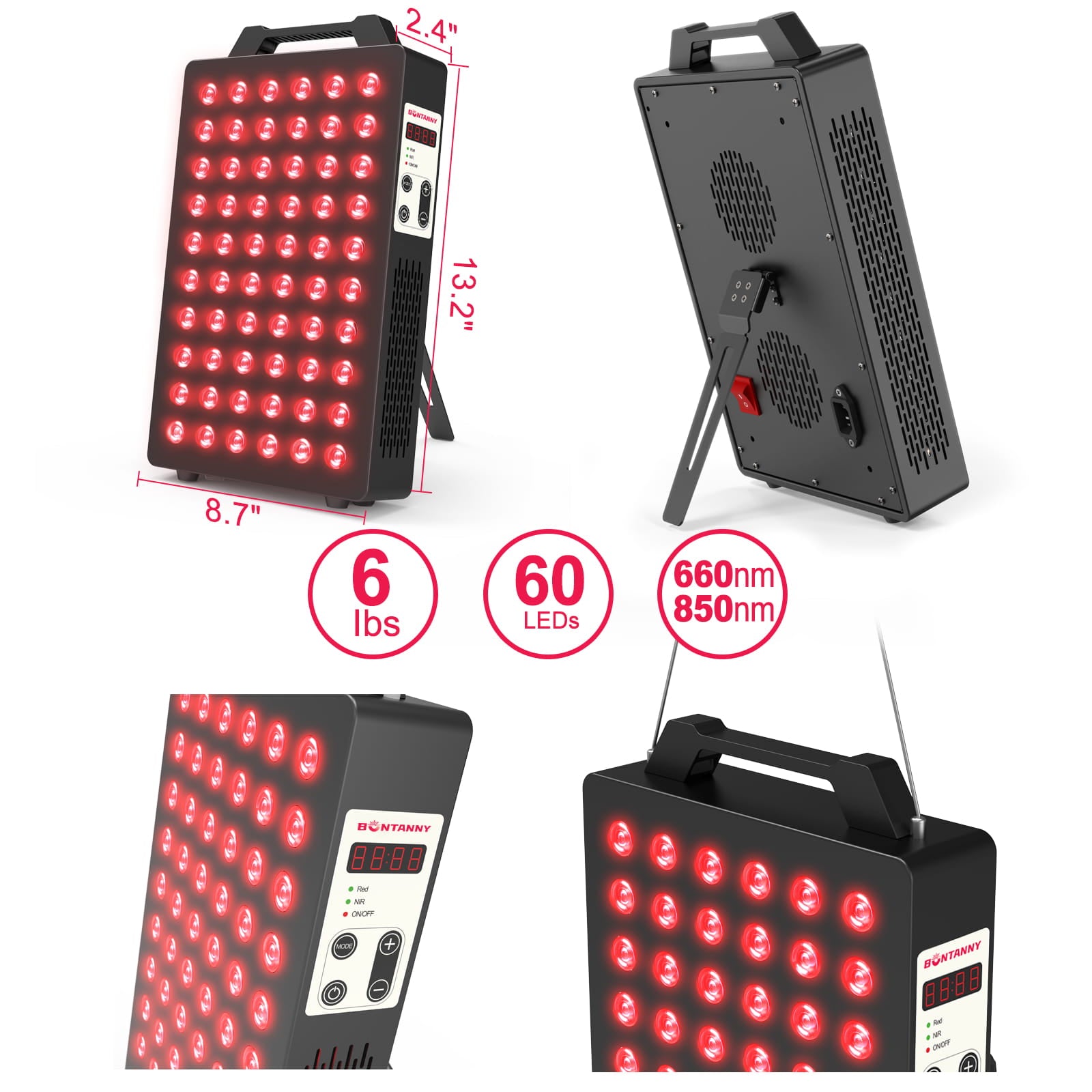 BONTANNY Red Light Therapy, 660nm 850nm 2-Wavelength Red Near Infrared Light Device with 60 Dual Chip Clinical Grade LEDs, Remote Control, Timer for Face, Body, Skin, Pain Relief, BO-300 (Black)