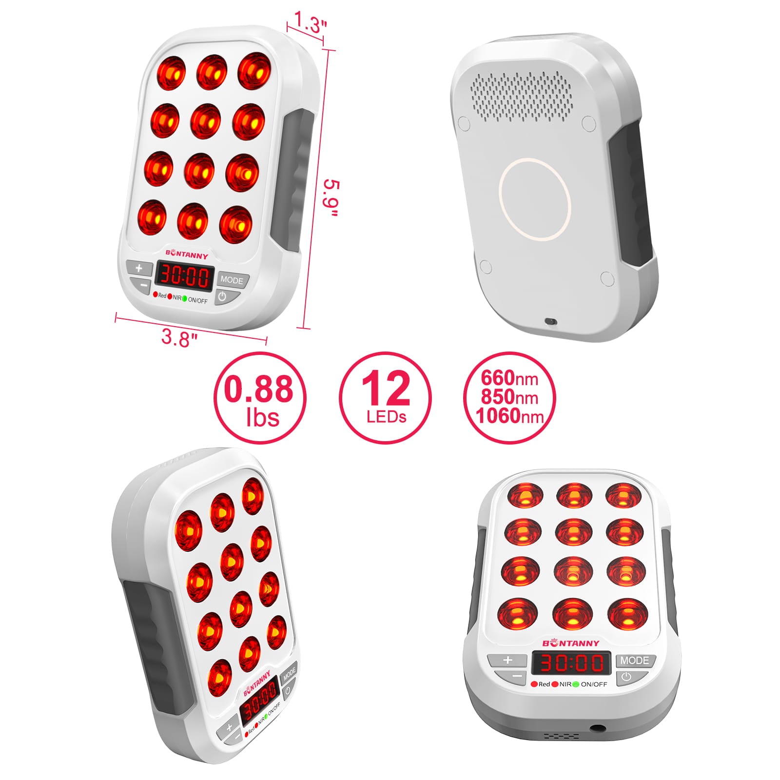 Bontanny Red Light Therapy Device - Portable BO-60 with 3 Wavelengths (660/850/1060nm)